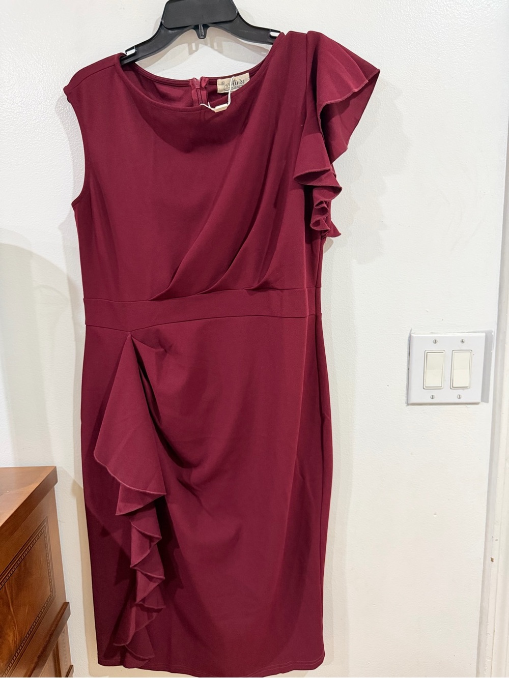 Ruffled Sheath Midi Dress in Burgundy by Unknown Brand